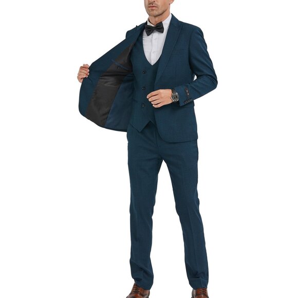 Dark Teal Peak Lapel Double Breasted Vest Skinny Fit Tazzio Men 's Suit